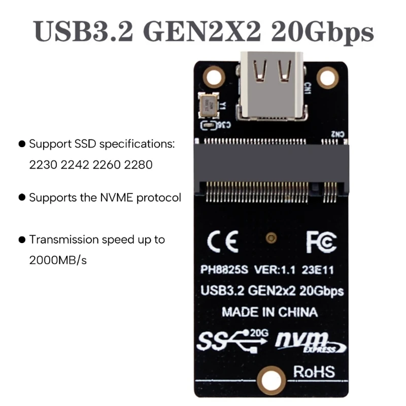 Плата преобразования NVME M.2 на Type C SSD адаптер USB3.2 Gen2x2 20 Гбит/с плата адаптера 2000 Мб/с для SSD 2230/42/60/80