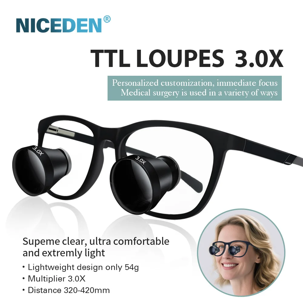 Лупы Niceden TTL с увеличением 3,0X, стоматологическая сверхлегкая хирургическая лупа P.D. Оптические линзы 56–70 мм. Рабочее расстояние 320–420 мм.