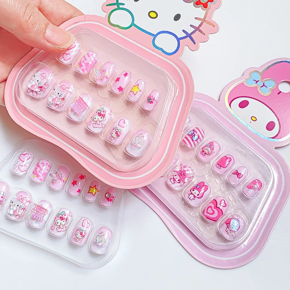 Фото 6 цветов для девочек Kuromi Hello Kitty Press On Nails 12Tips с желейным клеем, набор накладных ногтей Kawaii, мультяшный аниме, накладные ногти для подарка ребенку №5