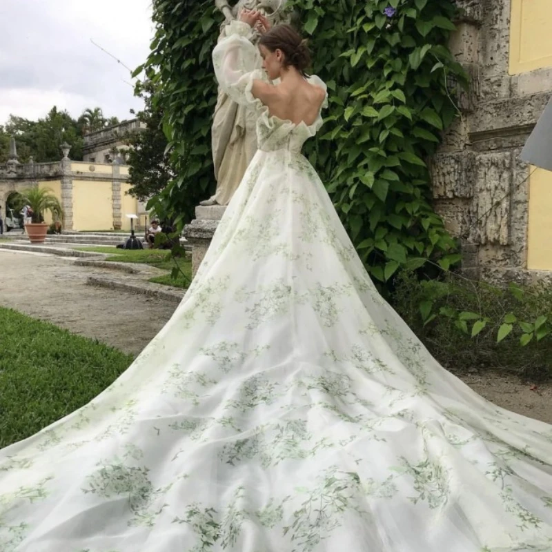 Фото 15357 # реальные фотографии, зеленое женское свадебное платье с цветочным принтом, женское свадебное платье со шлейфом №4