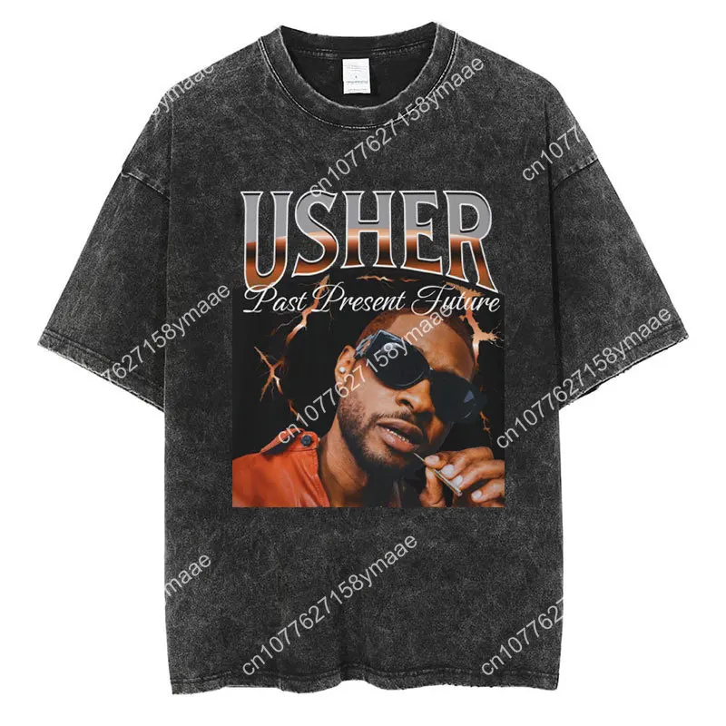 Фото Usher Past Resent Future 2024 Tour Washed Футболка Хип-хоп Ретро Harajuku Футболка Мужчины Женщины Свободный Высококачественный Хлопок Street №4