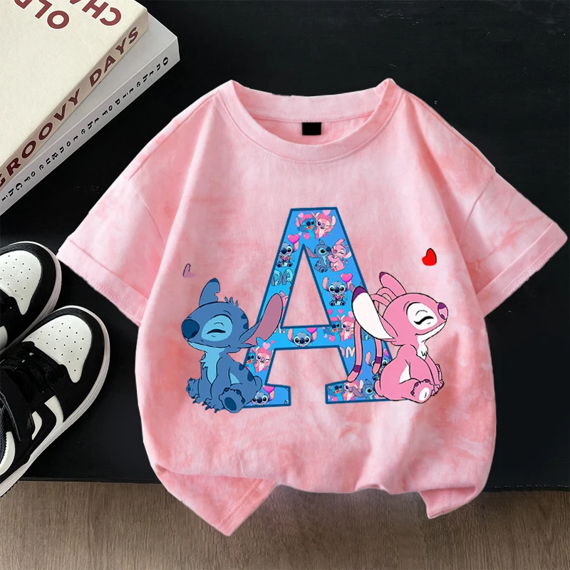 Футболки с принтом Disney Stitch тай-дай для детей, рубашка с короткими рукавами и буквенным принтом A-Z для мальчиков и девочек, летняя модная верхняя детская одежда