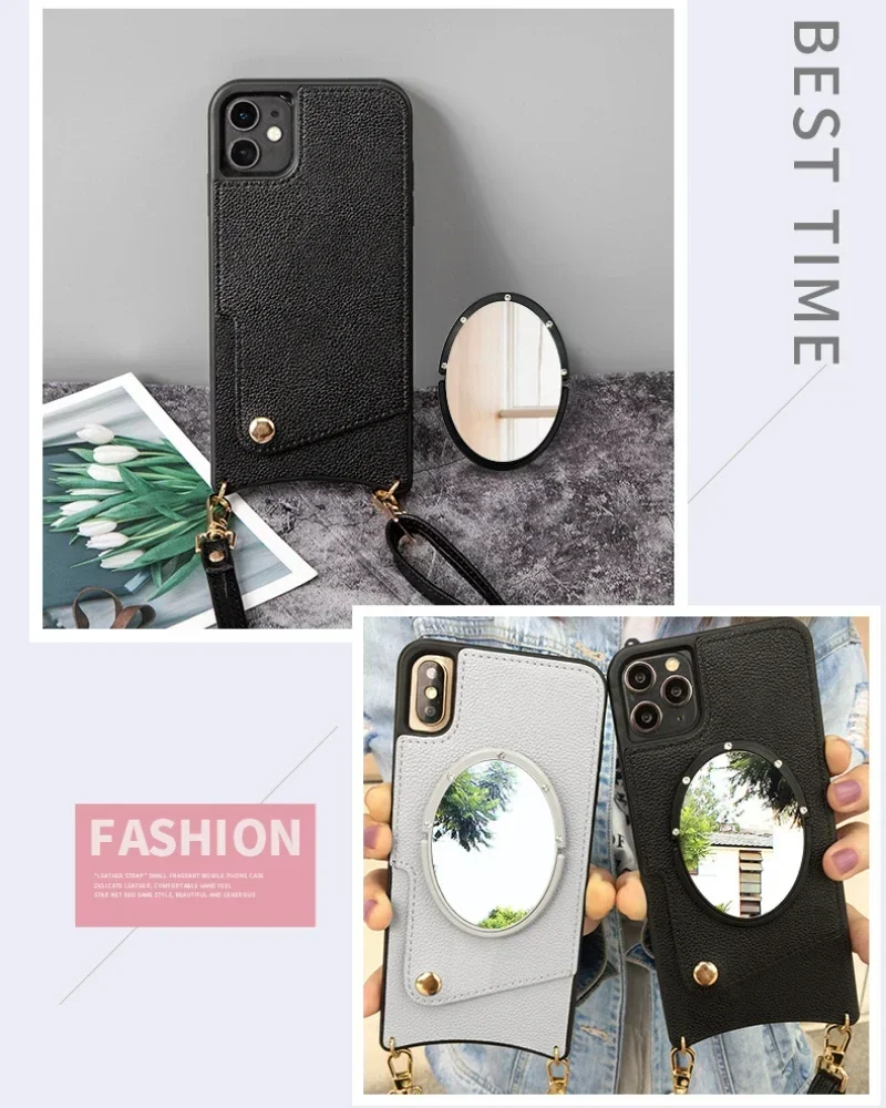 Фото Новинка, кожаный чехол для iphone14 с зеркалом для макияжа, картой телефона, диагональю 13 дюймов, 12 дюймов, promax XR XSMAX, скошенным ремешком, 11Pro Mini, 8Plus №5