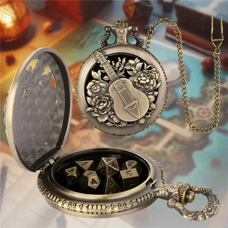 Металлические многогранные игральные кости в стиле ретро, 7 х, игровые кости для ролевых игр с гитарой, цветочным дизайном, футляр для карманных часов, брелок-цепочка, подарок