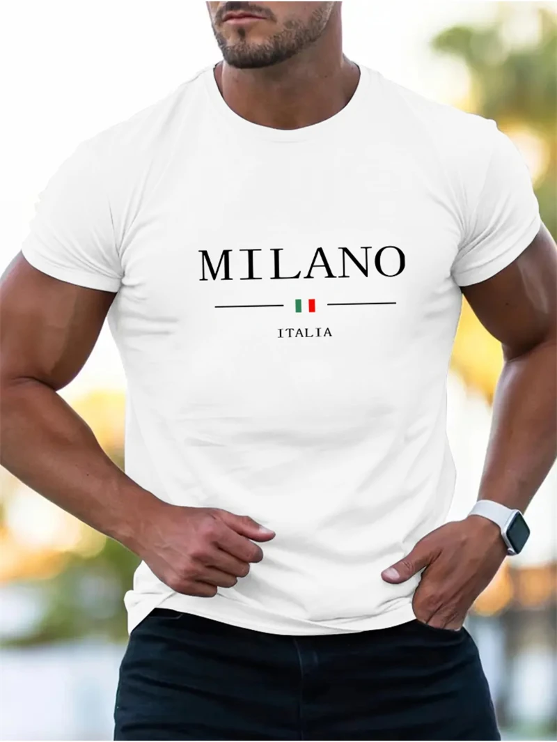 Фото Простые футболки с надписью Milano для мужчин, летняя мода, футболки с коротким рукавом и 3D принтом флага Италии, трендовая уличная футболка большого размера №2