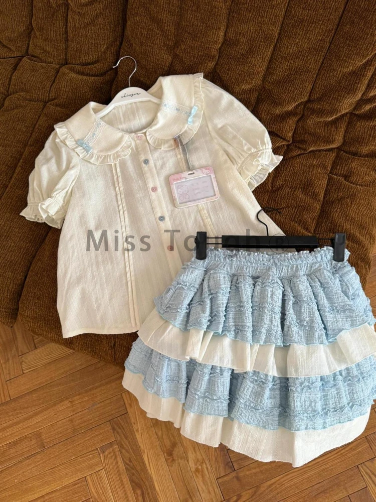 Фото Новый Harajuku Sweet Cute Blue Юбка Костюм Женская Рубашка с рюшами + Симпатичная Юбка-тортик Японская Мода Y2k Kawaii Fairy Комплект из 2 предметов 2025 №4