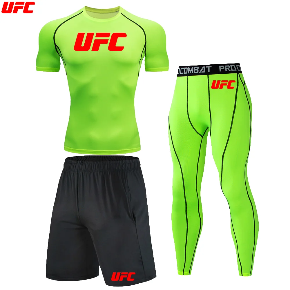 Фото UFC компрессионный рашгард для бега, спортивный костюм для мужчин, короткая спортивная одежда, костюмы, мужские спортивные колготки, тренировочная одежда, комплект для бега №3