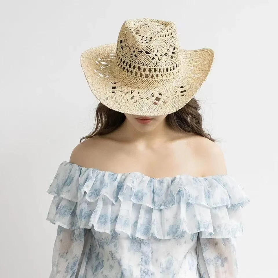 Sombrero de paja de papel vaquero occidental para hombre y mujer, gorro de Jazz de ala ancha, tejido a mano, transpirable, prote