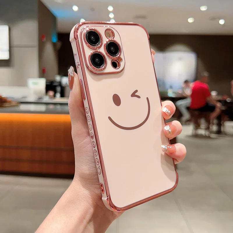 Фото Модные мягкие чехлы для телефонов с улыбающимся лицом для IPhone 11, 12, 13, 14, 15 X XS XR 7 8 Pro Max PLus, роскошный гальванический чехол №3