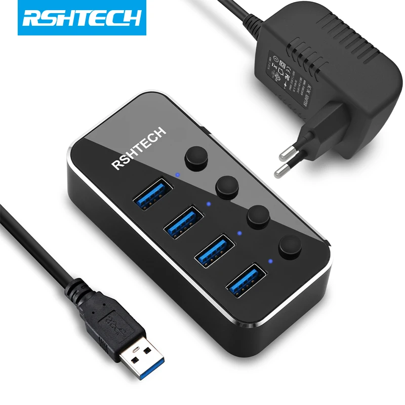 Разветвитель RSHTECH 5 Гбит/с, алюминиевый 4-портовый концентратор USB 3,0 с индивидуальным переключателем ВКЛ/ВЫКЛ