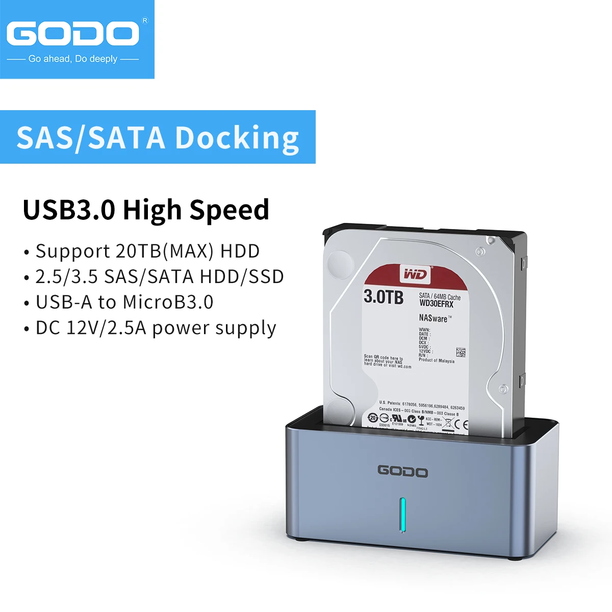 Док-станция GODO SAS/SATA для жесткого диска USB 3.0 2,5/3,5 дюйма, внешний корпус для жесткого диска/SSD с питанием 12 В/2,5 А Хранение данных