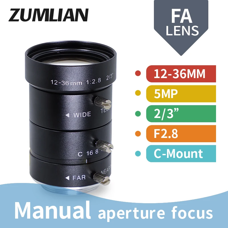 FA 5MP C-Mount 12-36 мм варифокальный объектив 2/3 дюйма с низким искажением F2.8 фотофокус для машины зум-камера видеонаблюдения