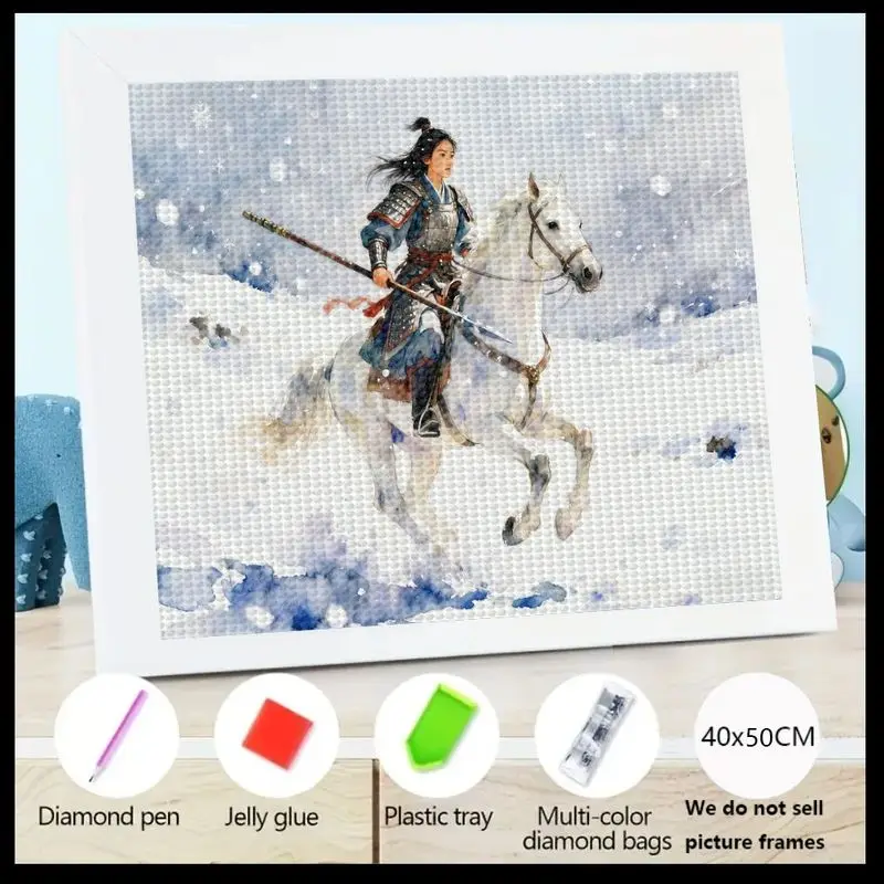 1 шт. 5D DIY комплект алмазной живописи, Majestic женщина-воин верхом на белом лошадке в снежном зимнем пейзаже, восточная фантазия, полный капа