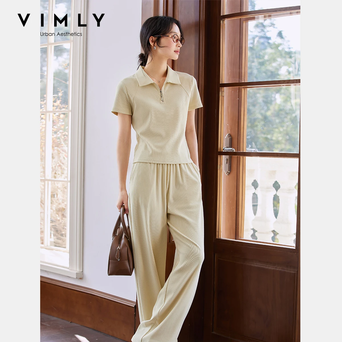 Фото VIMLY комплект из 2 предметов для женщин, летний спортивный костюм, спортивные комплекты брюк для отдыха, 2025 г., женская футболка с воротником-поло, широкие спортивные штаны M7793 №2