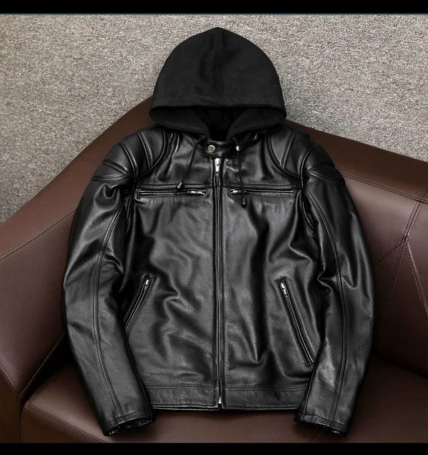 LNY SHop Best.Plus крутая куртка из натуральной кожи с капюшоном motor rider. Мужская популярная черная модель. Тяжелая мягкая кожаная ткань.