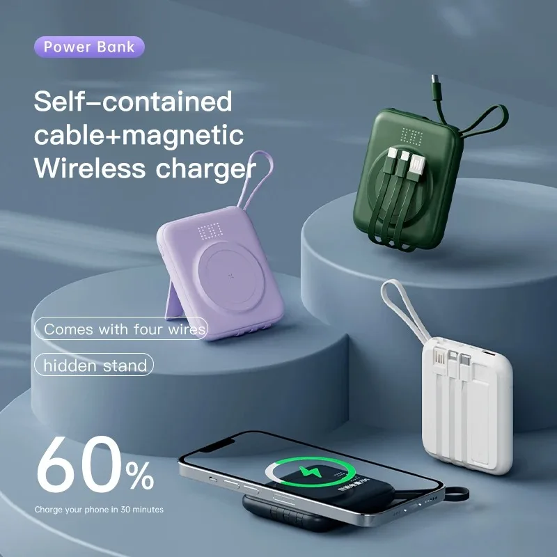 Магнитный аккумулятор USB Type C 2025 Q12, быстрая зарядка с кабелем, компактный портативный беспроводной цифровой дисплей, мобильный источник питания Аксессуары для мобильных телефонов