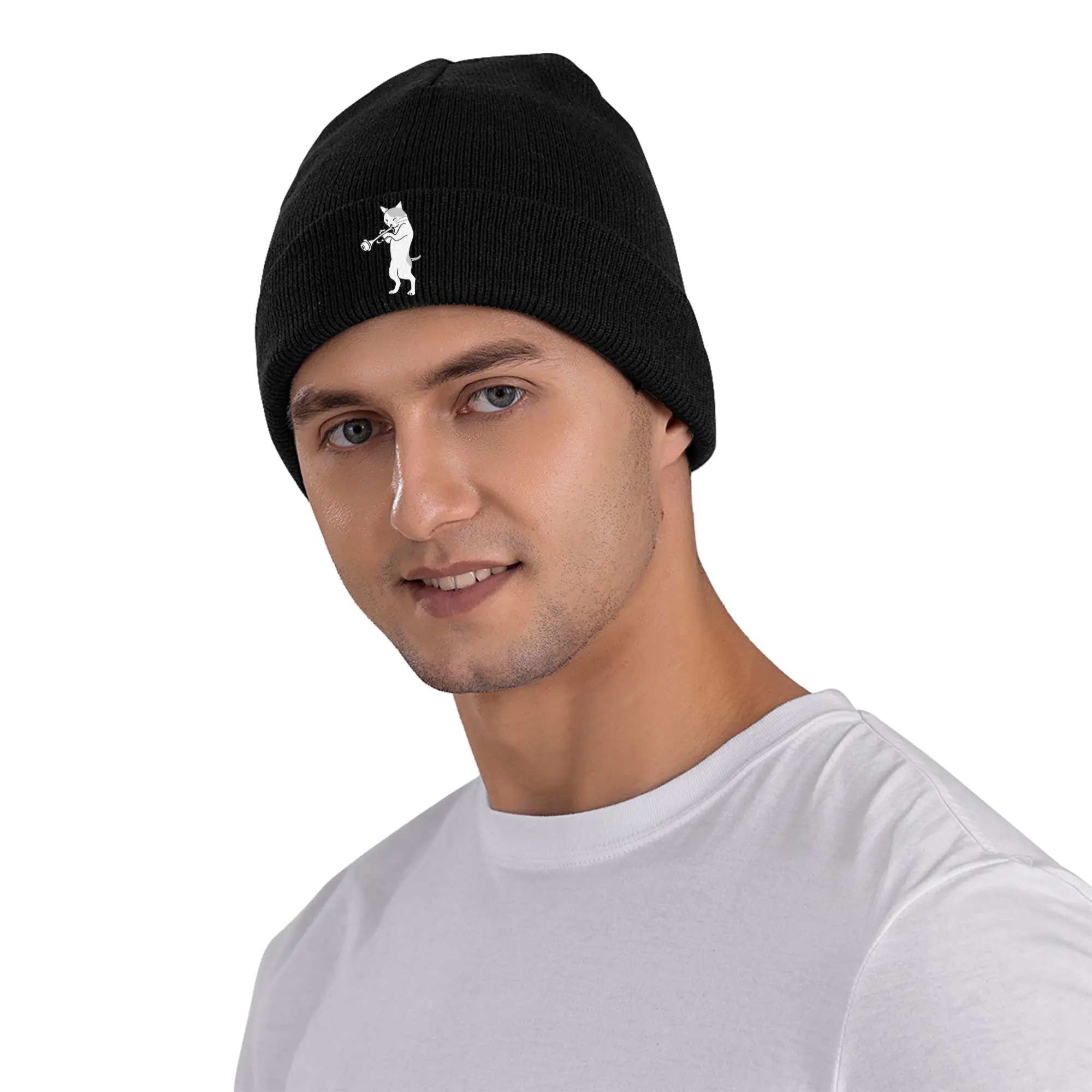Фото Cat Trumpet Player Straight Mute Wah Забавная труба Зимние шапки Skullies Шапка Теплые осенние вязаные шапки Шапки с капюшоном №2