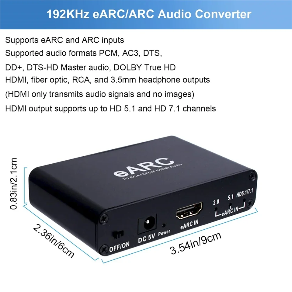 Фото 192 кГц HDMI eARC ARC аудиоэкстрактор eARC в RCA аудио конвертер цифро-аналоговый адаптер для DTS Dolby Atoms AC3 LPCM оптоволокно №4