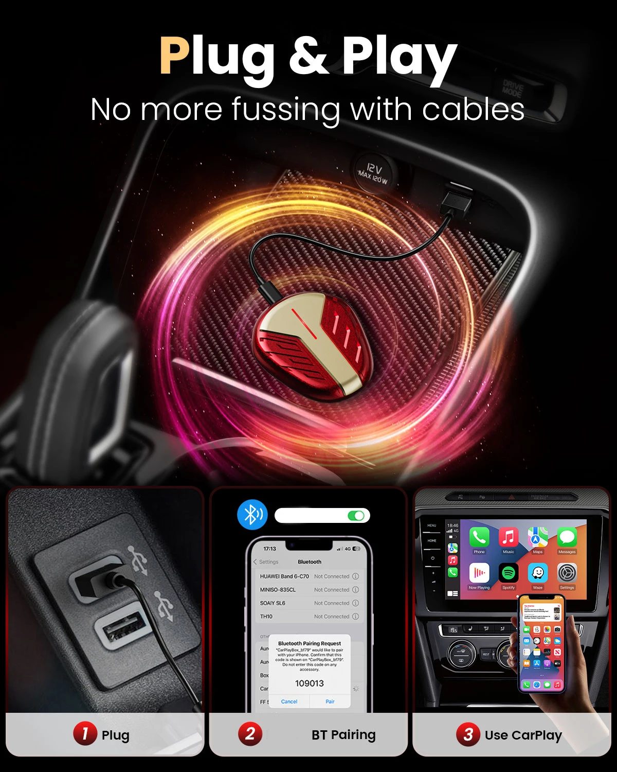 Фото Беспроводной адаптер TIMEKNOW CarPlay Plug And Play для OEM проводных автомобилей CarPlay BT WiFi Быстрое автоматическое подключение для Toyota VW Nissan №2