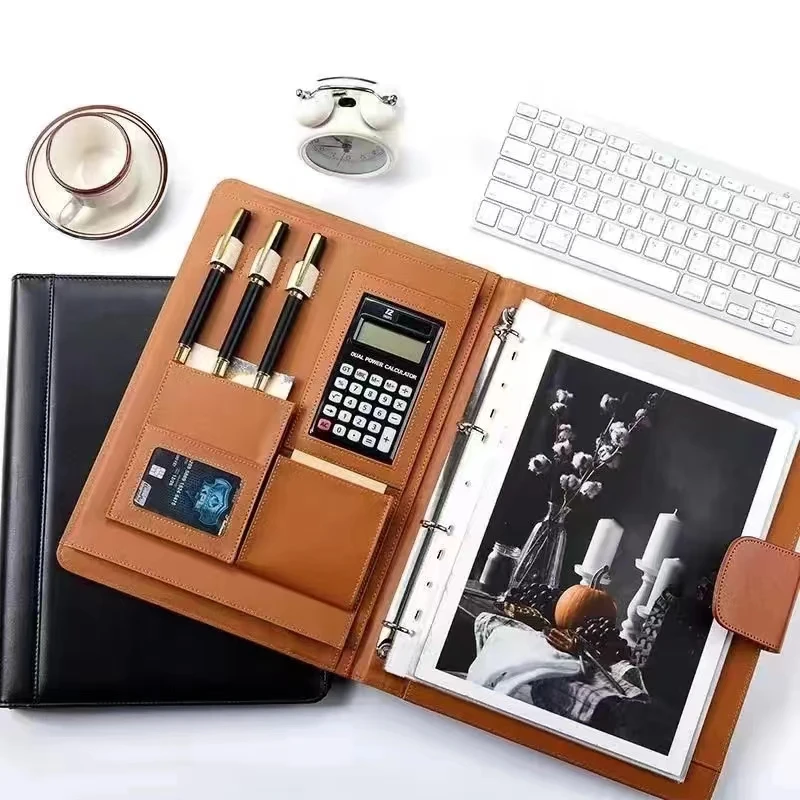 Портфель из искусственной кожи A4Pu с калькулятором и держателем для ручек, профессиональная версия, портфель с 4 кольцами, подходит для различных мест