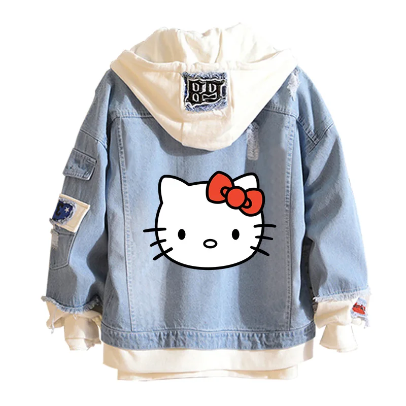 Джинсовая куртка-бомбер Sanrio в стиле аниме «Hello Kitty», джинсовая толстовка с капюшоном, унисекс, толстовка с рваными дырками для косплея, джинсовая куртка с длинными рукавами