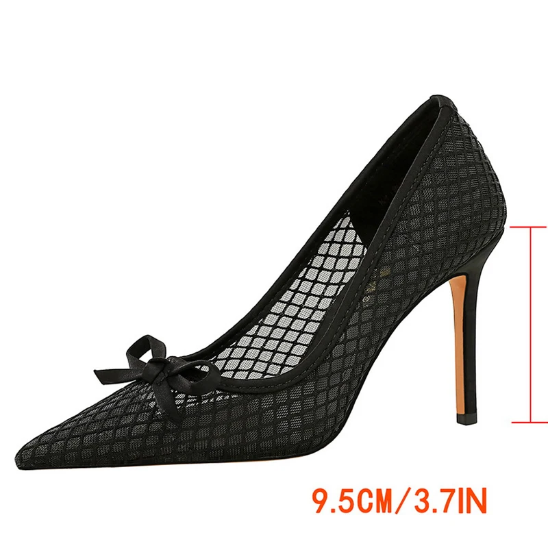Фото BIGTREE Shoes Сетчатые кружевные женские туфли-лодочки с бантом на высоком каблуке 9,5 см Сексуальная обувь на шпильке для вечеринок Роскошные банкетные туфли Женские туфли-лодочки 2025 №3