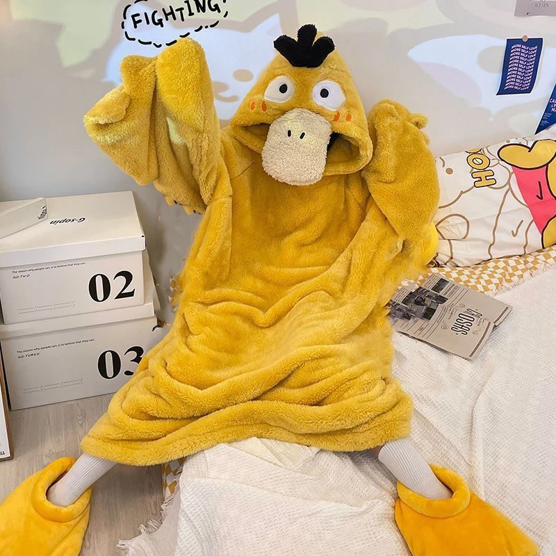 Пижамный комплект с покемоном, аниме ночная рубашка Psyduck, милый забавный и уродливый спортивный костюм, милая флисовая Пижама с бархатным утеплителем