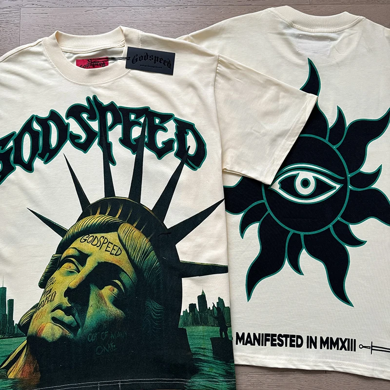 Футболка Godspeed, мужская уличная футболка с принтом Статуи Свободы, повседневные футболки в стиле хип-хоп с круглым вырезом и короткими рукавами GOD SPEED