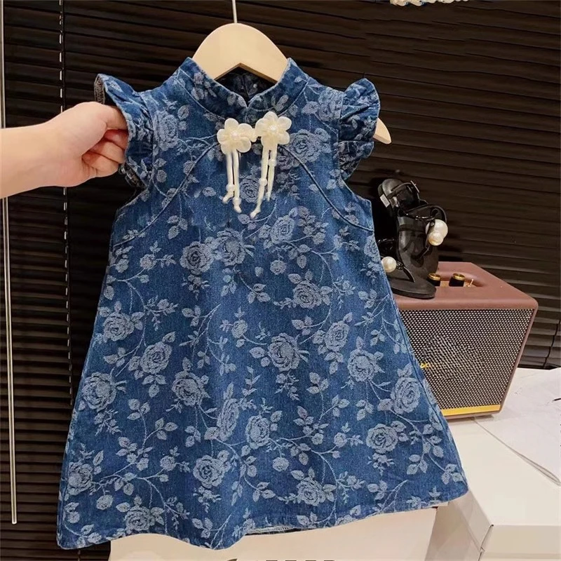 Джинсовые детские платья для девочек, летнее платье принцессы Cheongsam в китайском стиле, милая ковбойская жаккардовая детская одежда, платье с цветочным узором для девочек Qipao