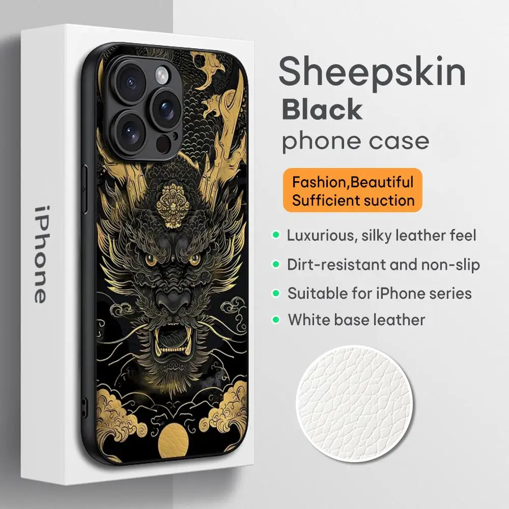 Чехол для телефона с модным дизайном китайского дракона для iPhone 16, 15, 14, 13, 12, 11 Plus Pro Max, роскошный черный жесткий чехол из овчины высокого класса