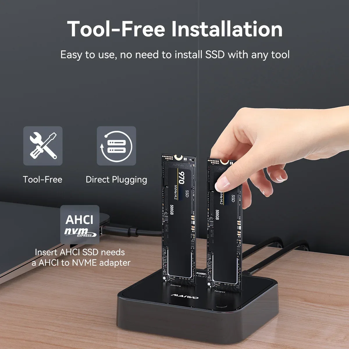 Фото MAIWO 20 Гбит/с Dual Bay M.2 NVMe SSD Enclosure Offline Clone Adapter USB3.2 Type-C Gen2 Storage Box M2 Жесткий диск Чехол NVMe/AHCI №5