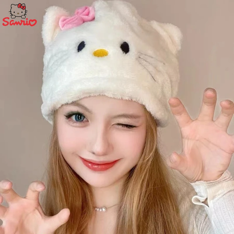 Плюшевая шапка Kawaii KT Cat, милая мультяшная шапка Hello Kitty пуловер и шапка, утолщенная теплая шапка для верховой езды с защитой ушей для девочек, рождественский подарок