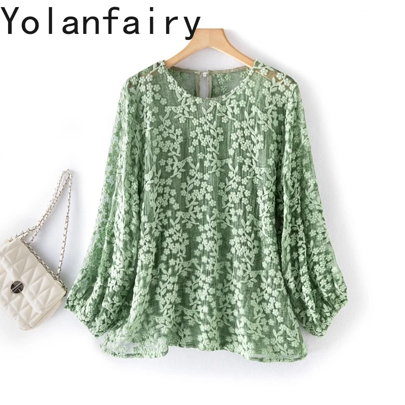 YOLANFAIRY, женские блузки из 100% тутового шелка, элегантная рубашка с защитой от солнца с вышивкой, блузка, женские топы, сорочки и блузки