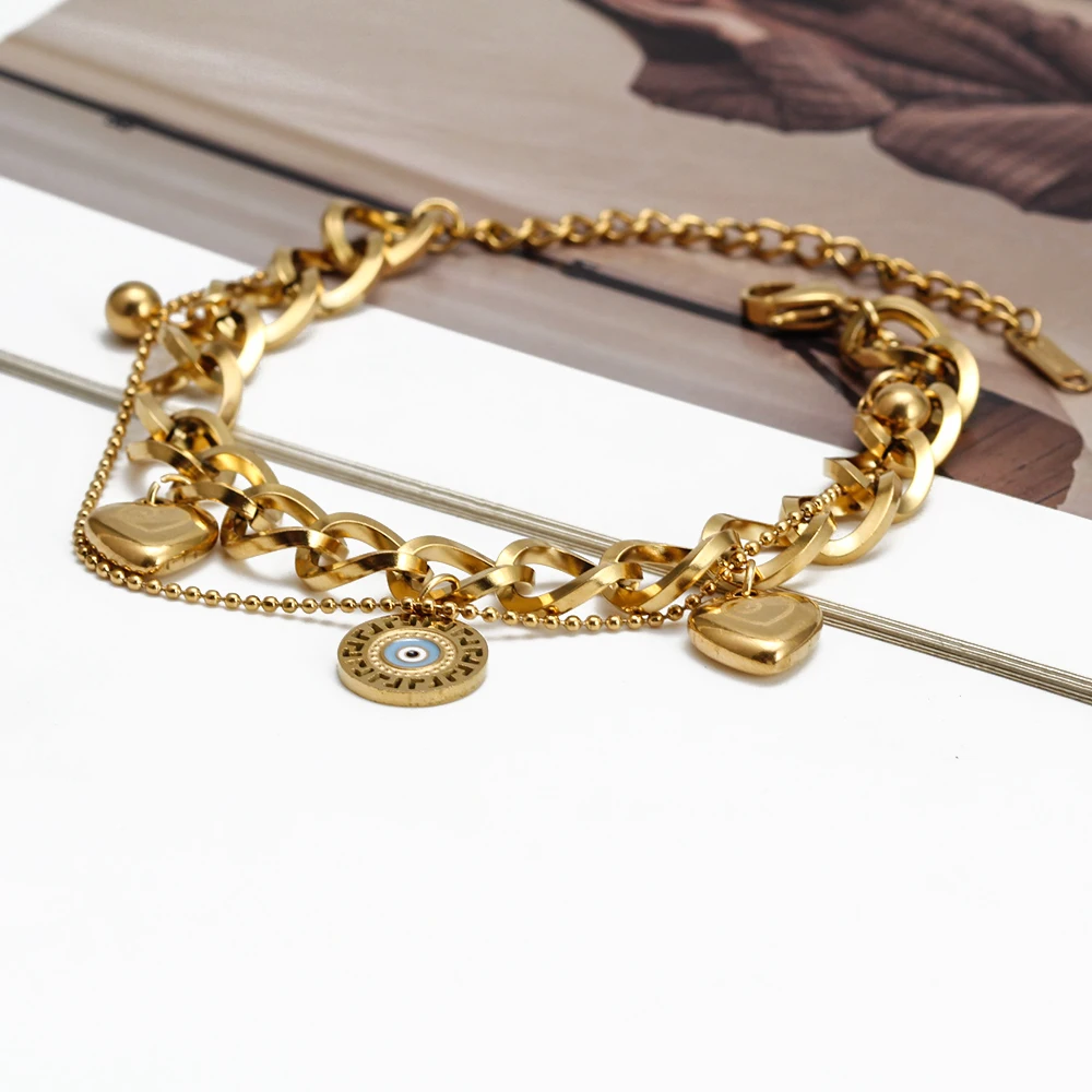 Фото EVIL EYE сердце из нержавеющей стали турецкий браслет от сглаза регулируемый двухслойный браслет-цепочка для женщин и мужчин ювелирные изделия №3