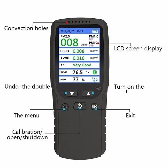 Новый монитор 8 в 1, PM1,0 PM2,5 PM10, TVOC HCHO, детектор формальдегида, измеритель температуры и влажности, монитор качества воздуха, газоанализатор
