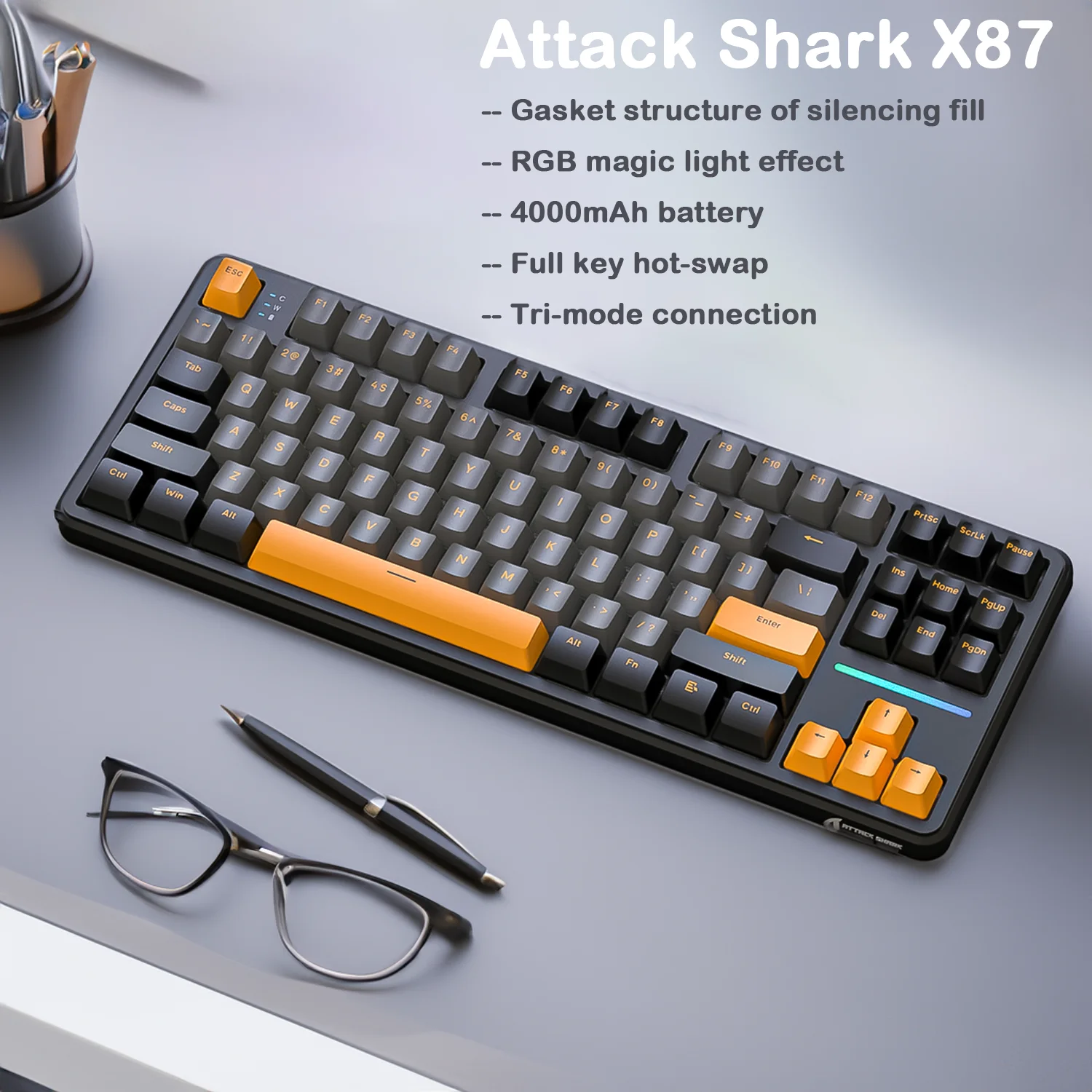Attack Shark X87 Беспроводная Игровая Клавиатура, Прокладка, RGB Подсветка, Горячая Замена, 3-Режимное Соединение, Большая Батарея, Компактное TKL Расположение (art.: 3920cc1763465) - 3920cc1763465