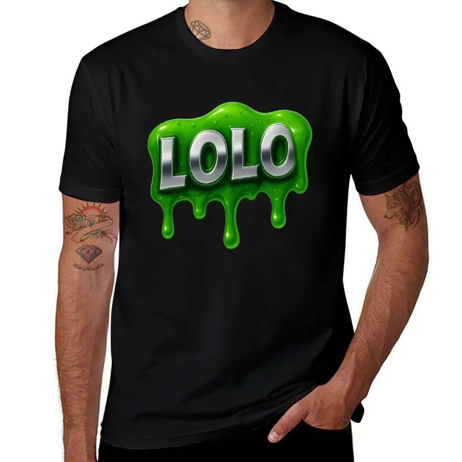 LOLO — хромированная надпись с тонким неоновым зеленым (3D-эффектом), футболки, мужские забавные костюмы по индивидуальному заказу, мужские футболки