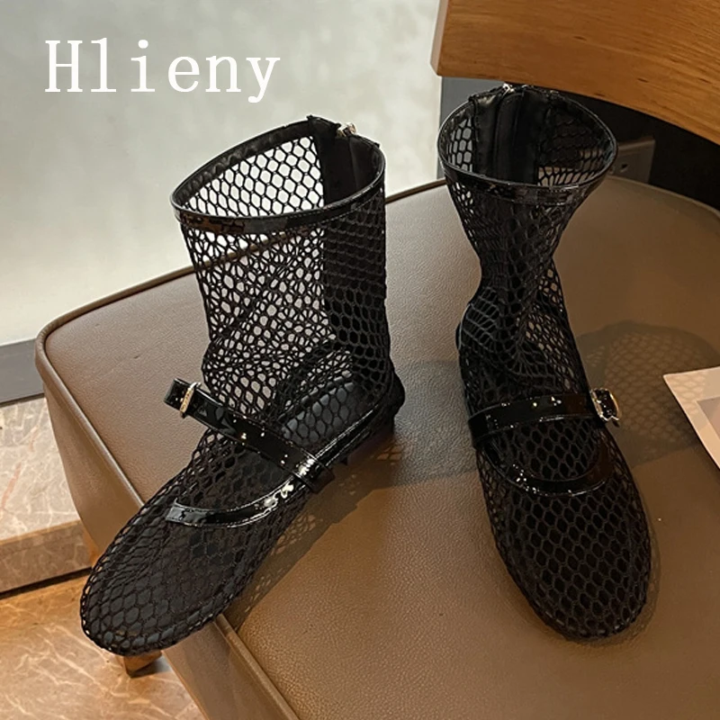 Фото Hlieny/летние женские ботинки из дышащей сетки с пряжкой и ремешком, туфли на плоской подошве с круглым носком и молнией, размер 35-43 №4