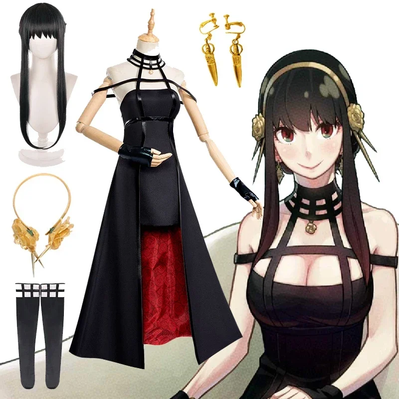 Gaun Hitam Halter Gotik Killer Косплей Forger Yorouvga Mata-mata Аниме Kualitas Tinggi Костюм Seragam Pakaian dengan20)