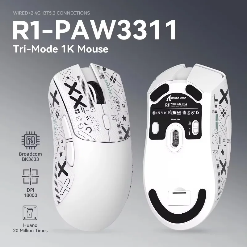 Беспроводная игровая мышь ATTACK SHARK R1 с Bluetooth, трехрежимный оптический датчик PAW3311, программируемая проводная компьютерная мышь 18K DPI Компьютерная периферия