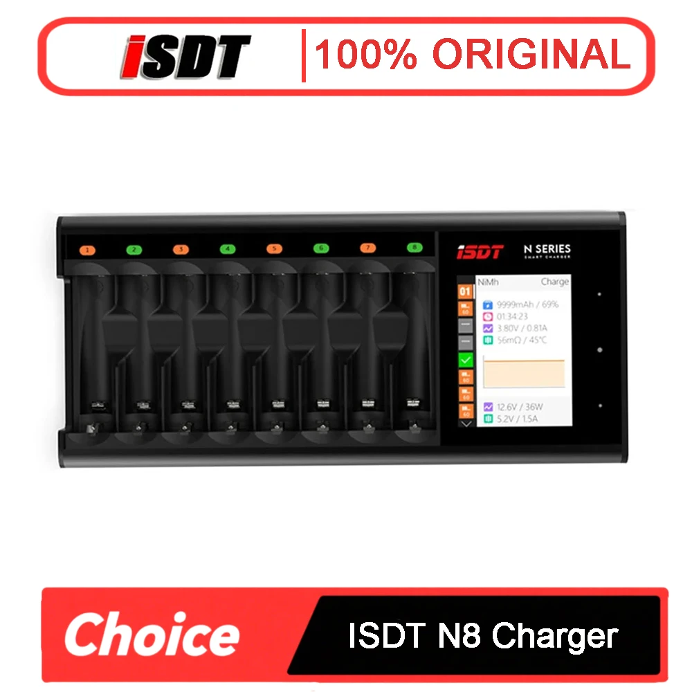 ISDT N8 Универсальное зарядное устройство с ЖК-дисплеем, 8-слотовое скоростное умное зарядное устройство для аккумуляторных батарей AA AAA Li-lon