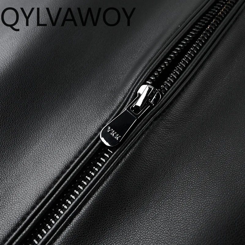 Фото QYLVAWOY Мужская куртка из натуральной овчины, мужская одежда, модное тонкое повседневное кожаное пальто с воротником-стойкой, куртки 남자 가죽자켓 №4