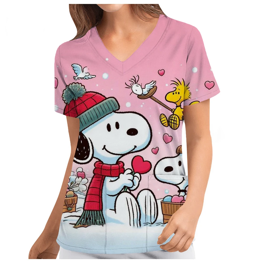 Snoopy printed V-neck top, women's clothing, casual wear, women's top, summer women's nurse uniform, top, work clothes, nursing