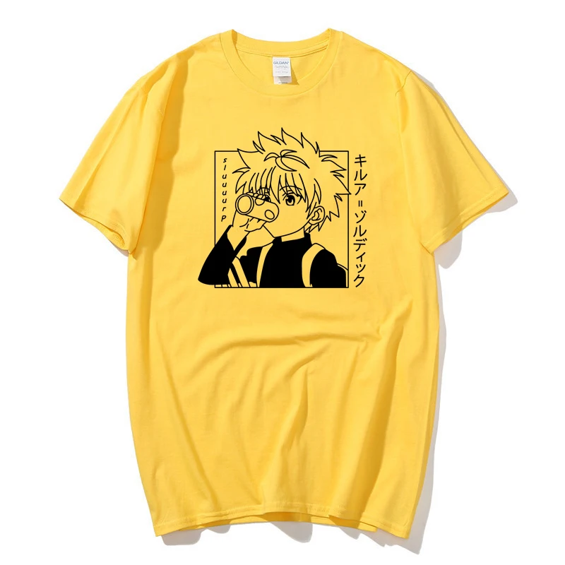 Фото Kawaii Hunter X футболка с изображением охотника Мужская футболка с коротким рукавом Killua Zoldyck с круглым вырезом из мягкого хлопка в стиле аниме Манга футболки одежда №5