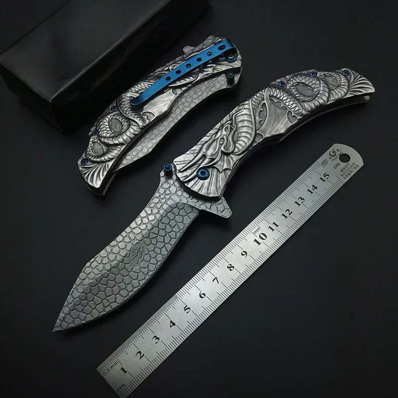 Фото Серебристый демон злой дракон змея резьба 3D складной нож с зажимом карманные ножи полностью стальной нержавеющий крутой инструмент для сбора №2