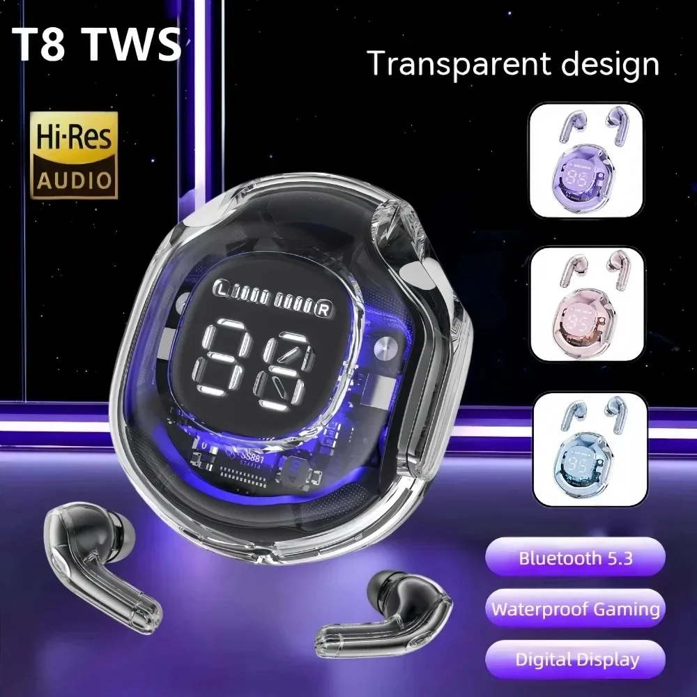 Прозрачная беспроводная гарнитура BT5.3 T8 TWS Наушники ENC Наушники со светодиодной подсветкой и цифровым дисплеем Стереозвук Наушники для спорта