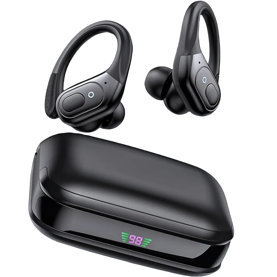Спортивные Bluetooth-наушники IPX7 Водонепроницаемые беспроводные наушники 60 часов Музыка с микрофоном Светодиодный дисплей мощности Мягкие ушные крючки TWS Наушники