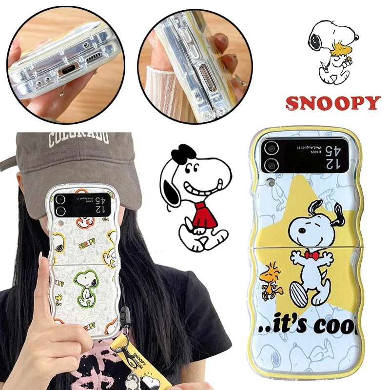 Снупи мультфильм телефонный чехол для Samsung Galaxy Z Флип 5 4 3 мягкий Slilcone защитный чехол с брелоком нескользящий симпатичный задний Чехол