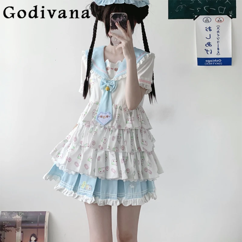 Оригинальный японский комплект юбки Kawaii, летняя милая девушка с милым принтом, темно-синий воротник, топ с короткими рукавами, юбка из 2 предметов, одежда для дочки