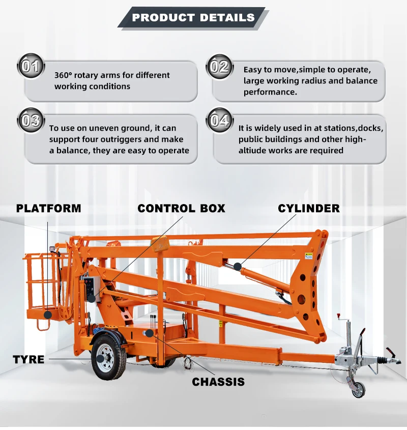 8–20 м Cherry Picker Man Lift, установленный на прицепе, электрический двухколесный буксируемый подъемник стрелы для работы на воздухе